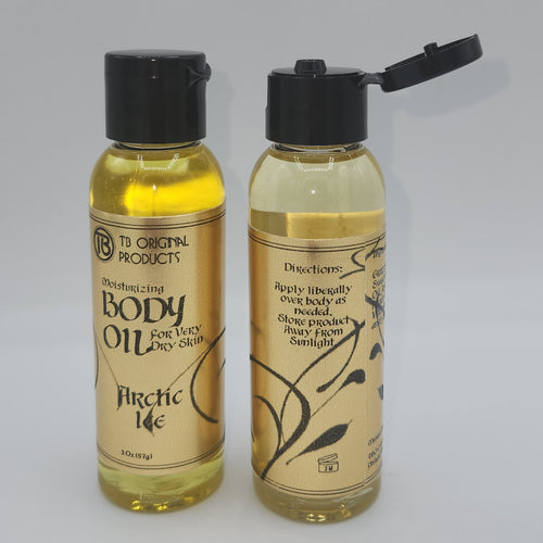 Two bottles of moisturizing body oil with black caps on a light gray background